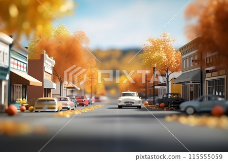 toy American downtown street view at sunny autumn morning , neural network generated image 115555059