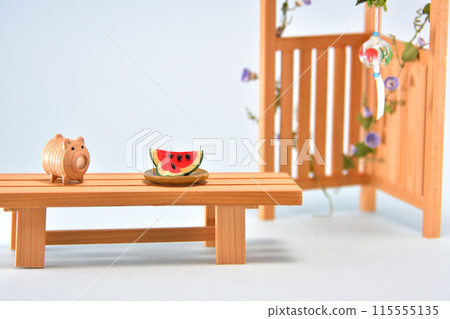 Summer traditions: bench, watermelon, fan, wooden clogs, wind chimes, miniature Summer traditions: bench, watermelon, fan, wooden clogs, wind chimes, miniature 115555135