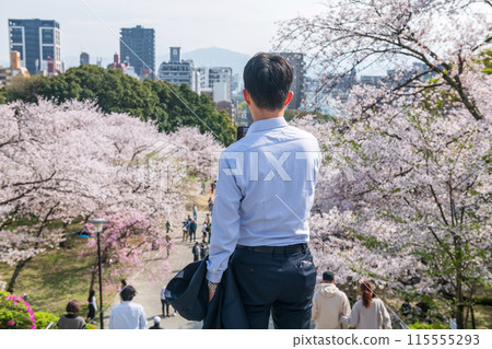 businessman photo cherry tunnel blossom and Fukuoka city at Nishi park 115555293