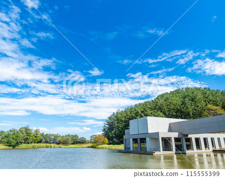 山形縣坂田市的飯盛山公園，用對角魚眼鏡頭拍攝的藍天和水面的清爽景色 115555399