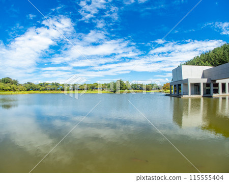 山形縣坂田市的飯盛山公園，用對角魚眼鏡頭拍攝的藍天和水面的清爽景色 115555404