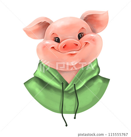 Cute pig in green hoody. Piglet illustration 115555767