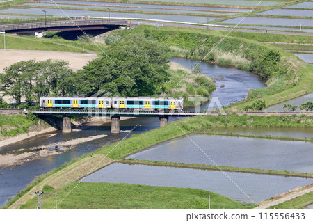 View of rice fields, the Suigun Line, and Shiroyama Park (Asakawa Town, Fukushima Prefecture) View of rice fields, the Suigun Line, and Shiroyama Park (Asakawa Town, Fukushima Prefecture) 115556433