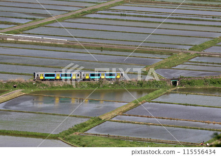 View of rice fields, the Suigun Line, and Shiroyama Park (Asakawa Town, Fukushima Prefecture) 115556434