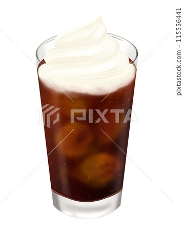 Cola float in a glass topped with whipped cream 115556441