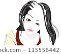 A woman with long hair brushing her bangs up 115556442