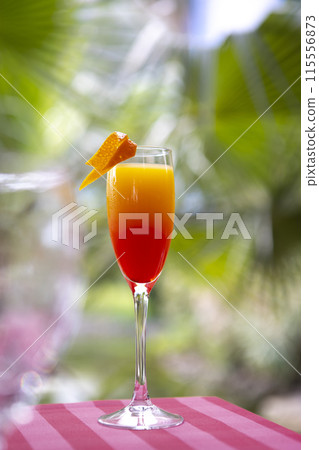 Non-alcoholic cocktail on the background of palm trees. A refreshing drink of red and yellow color. Tropical background. The concept of summer holidays. Copy space. 115556873