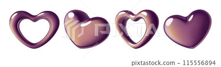Metal gradient hearts 3d realistic shapes collection Vector abstract iridescent y2k design elements 115556894