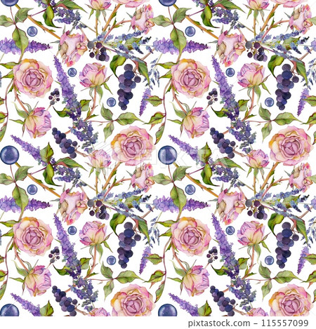 Hand drawn watercolor illustration shabby boho botanical flowers leaves. Rose hip pearl beads veronica lavender indigo berries pink pastel. Seamless pattern isolated white. Design wedding paper fabric 115557099