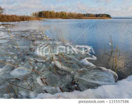 Textured frozen section of shore covered with ice. 115557586