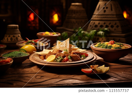 Typical Mexican cuisine and pyramid 115557737