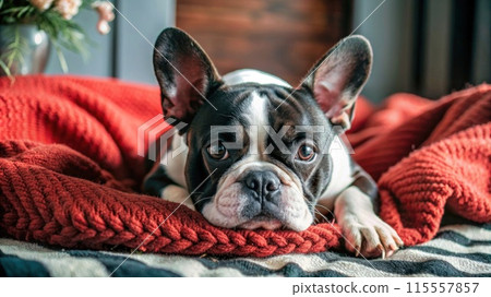 Cute french bulldog lies on the rug at home Cute french bulldog lies on the rug at home 115557857