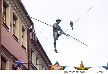Lublin, Poland. December 25, 2022. Old town in the center of Lublin, a rope and a sculpture  115557908