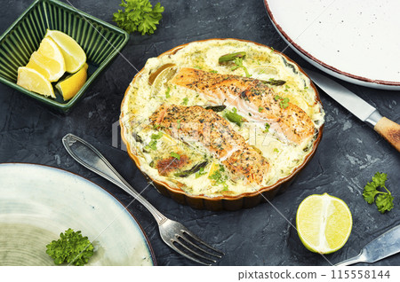 Tasty salmon casserole or gratin. Tasty salmon casserole or gratin. 115558144