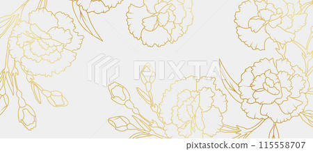Luxury gold carnation flowers background. Floral pattern tropical in line art style for greeting, invitation, wedding card, wall art, wallpaper and print. Vector illustration 115558707