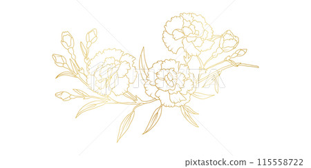 Golden carnation flowers line art isolated on white background. Luxury floral design elements for invitation, wedding, wallpaper, print template, vector illustration 115558722