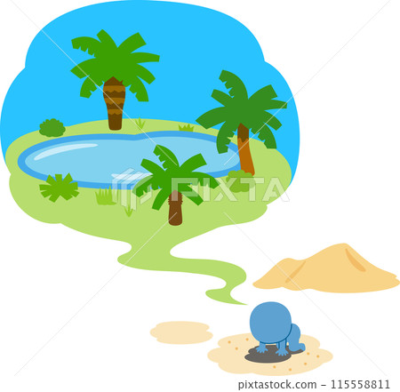 A man who sees a vision of an oasis in the desert 115558811