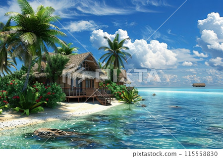 A tropical island featuring a thatched roof bungalow and swaying palm trees. Generative AI 115558830
