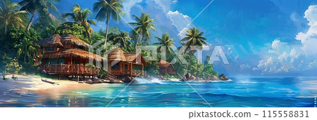 A painting of a tropical beach featuring a hut by the shore with a view of the azure sea. Generative AI 115558831
