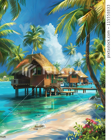 A painting depicting a tropical island with palm trees, beachfront bungalows, and an azure sea. Generative AI 115558833