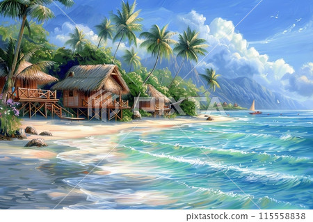 A painting showcasing a tropical beach with a hut, surrounded by azure sea and lush greenery. Generative AI 115558838