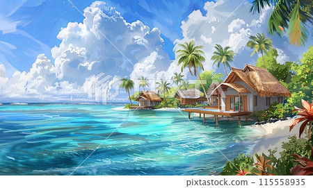 A painting depicting a tropical beach with a house built on the water, showcasing island life and azure sea views. Generative AI 115558935