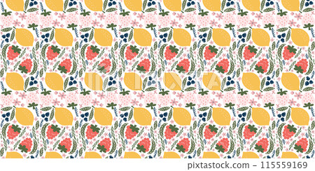 Cheerful seamless pattern featuring illustrations of white strawberries, raspberries, lemons, blackberries, pink flowers, and green leaves, arranged in a playful and modern design. 115559169