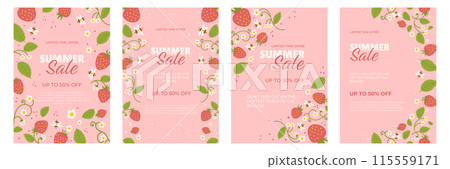 Set of four summer sale posters with a pink background, decorated with strawberries, bees, and flowers. The posters advertise a limited-time offer with discounts. Set of four summer sale posters with a pink background, decorated with strawberries, bees, and flowers. The posters advertise a limited-time offer with discounts. 115559171
