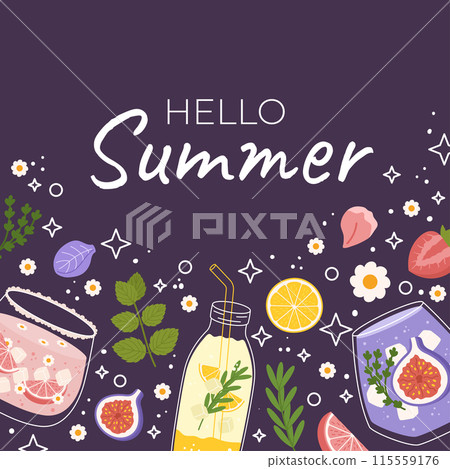 Illustration with phrase Hello Summer on dark background. Summer themed elements such as glasses of refreshing drinks with ice cubes, citrus slices, figs, strawberry, mint leaves, and various flowers. Illustration with phrase Hello Summer on dark background. Summer themed elements such as glasses of refreshing drinks with ice cubes, citrus slices, figs, strawberry, mint leaves, and various flowers. 115559176