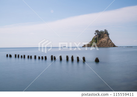 Mitsuke Island, whose shape was significantly altered by the earthquake, and 21 wooden stakes nearby 115559411