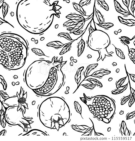 Pomegranate fruits, burst pomegranates and branches with leaves. Vector botanical black and white pattern on a white background. For packaging design for products and cosmetics, textiles, wallpaper Pomegranate fruits, burst pomegranates and branches with leaves. Vector botanical black and white pattern on a white background. For packaging design for products and cosmetics, textiles, wallpaper 115559517