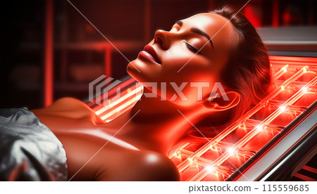 A Beautiful Woman on an LED Light Bed Receiving Red Light Therapy - Generative Ai 115559685