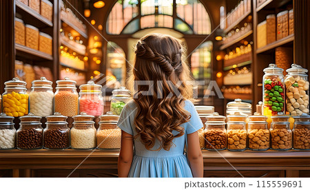 Back View of a Cute Little Girl Standing in Front of a Candy Shop - Generative Ai Back View of a Cute Little Girl Standing in Front of a Candy Shop - Generative Ai 115559691