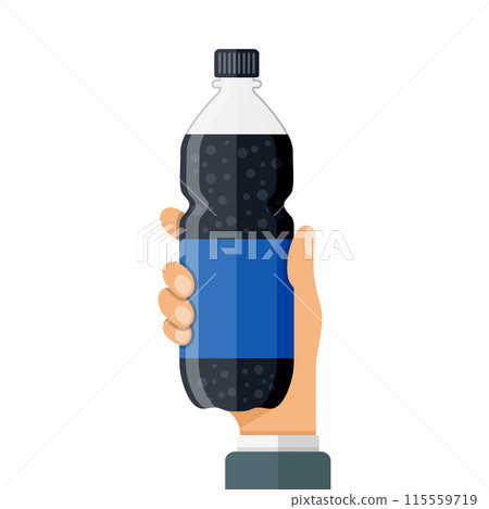 Hand holding soda drink icon in flat style. Plastic bottle vector illustration on isolated background. Water beverage sign business concept. Hand holding soda drink icon in flat style. Plastic bottle vector illustration on isolated background. Water beverage sign business concept. 115559719