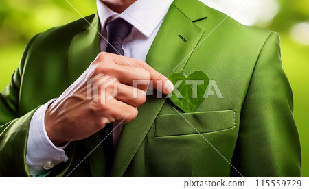 Businessman Putting a Heart-Shaped Green Leaf in His Pocket - Generative Ai Businessman Putting a Heart-Shaped Green Leaf in His Pocket - Generative Ai 115559729