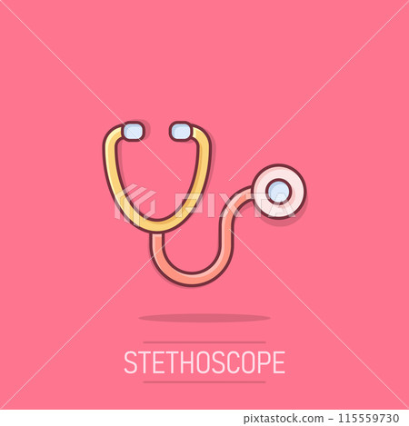 Stethoscope icon in comic style. Heart diagnostic cartoon vector illustration on isolated background. Medicine splash effect sign business concept. 115559730