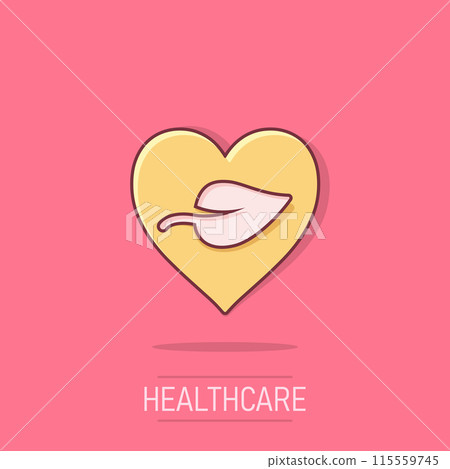 Heart and leaf icon in comic style. Vegan friendly cartoon vector illustration on isolated background. Nature love splash effect sign business concept. 115559745