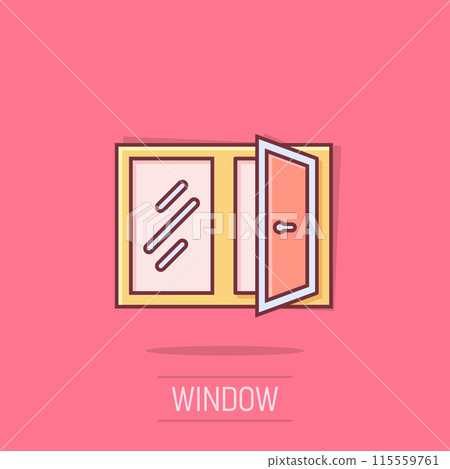 Window icon in comic style. Casement cartoon vector illustration on isolated background. House interior splash effect sign business concept. 115559761