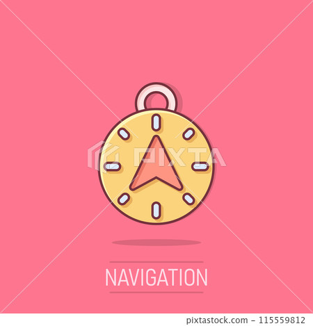 Compass icon in comic style. Navigation equipment cartoon vector illustration on isolated background. Journey direction splash effect business concept. 115559812