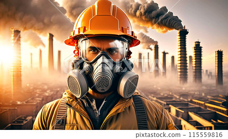 Close-up of a Man in Gas Mask Witnessing an Environmental Disaster - Generative Ai 115559816