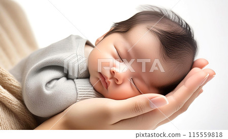 Close-up of a Newborn Baby Sleeping in the Mother Hands - Generative Ai 115559818