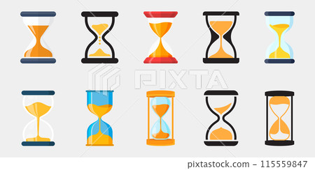 Hourglass icons set in flat style. Sandglass vector illustration on isolated background. Sand clock sign business concept. Hourglass icons set in flat style. Sandglass vector illustration on isolated background. Sand clock sign business concept. 115559847