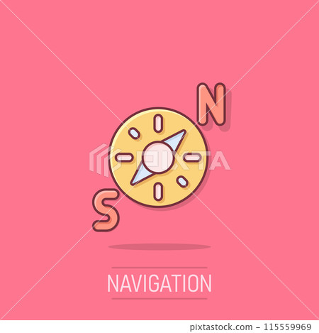 Compass icon in comic style. Navigation equipment cartoon vector illustration on isolated background. Journey direction splash effect business concept. 115559969