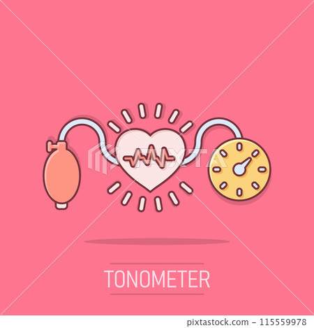 Arterial blood pressure icon in comic style. Heartbeat monitor cartoon vector illustration on isolated background. Pulse diagnosis splash effect sign business concept. 115559978