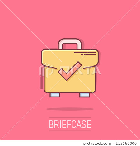 Briefcase accept icon in comic style. Portfolio approval cartoon vector illustration on isolated background. Confirm splash effect business concept. Briefcase accept icon in comic style. Portfolio approval cartoon vector illustration on isolated background. Confirm splash effect business concept. 115560006