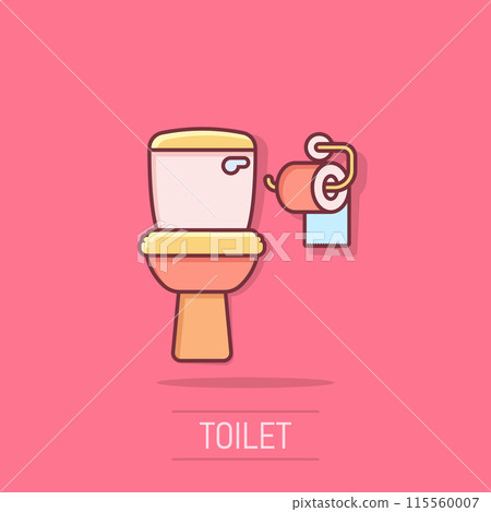 Toilet bowl icon in comic style. Hygiene cartoon vector illustration on isolated background. WC restroom splash effect sign business concept. Toilet bowl icon in comic style. Hygiene cartoon vector illustration on isolated background. WC restroom splash effect sign business concept. 115560007