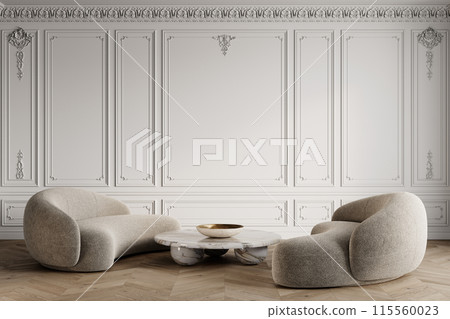 Two white boucle fabric sofa in classic white interior with moldings and marble coffee table. 3d render illustration mockup. 115560023