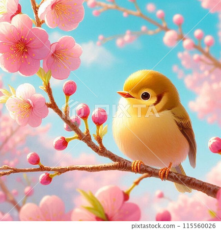 一隻鳥坐在盛開的櫻花樹的樹枝上 115560026