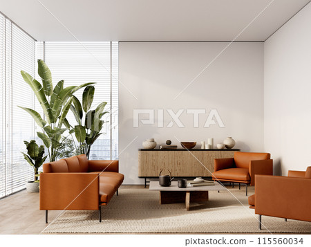 Contemporary minimalist interior with orange leather sofa and armchairs, dresser, tropical plants, panoramic window and decor. 3d render illustration mockup. 115560034
