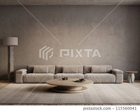 Gray loft interior with big sofa, carpet, coffee tables, floor lamp and decor. 3d render illustration mockup. 115560041